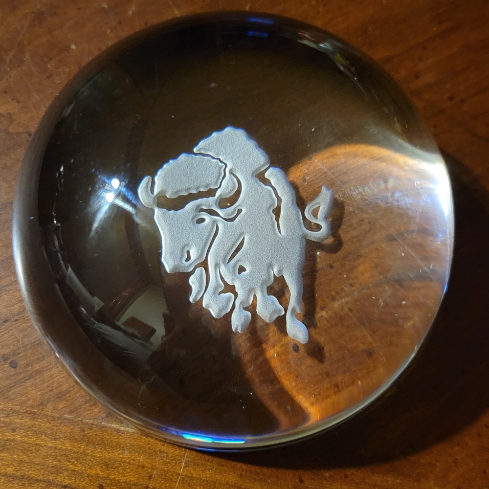 Vtg Bison Buffalo Heavy Paper Weight Reversed Etched Clear Glass Half Sphere